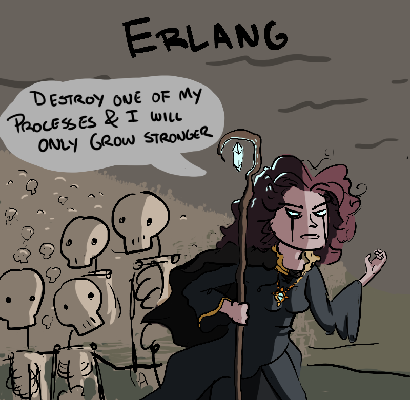 A necromancer labeled "Erlang," standing over an army of dead, saying "Destroy
one of my processes and I will only grow stronger"